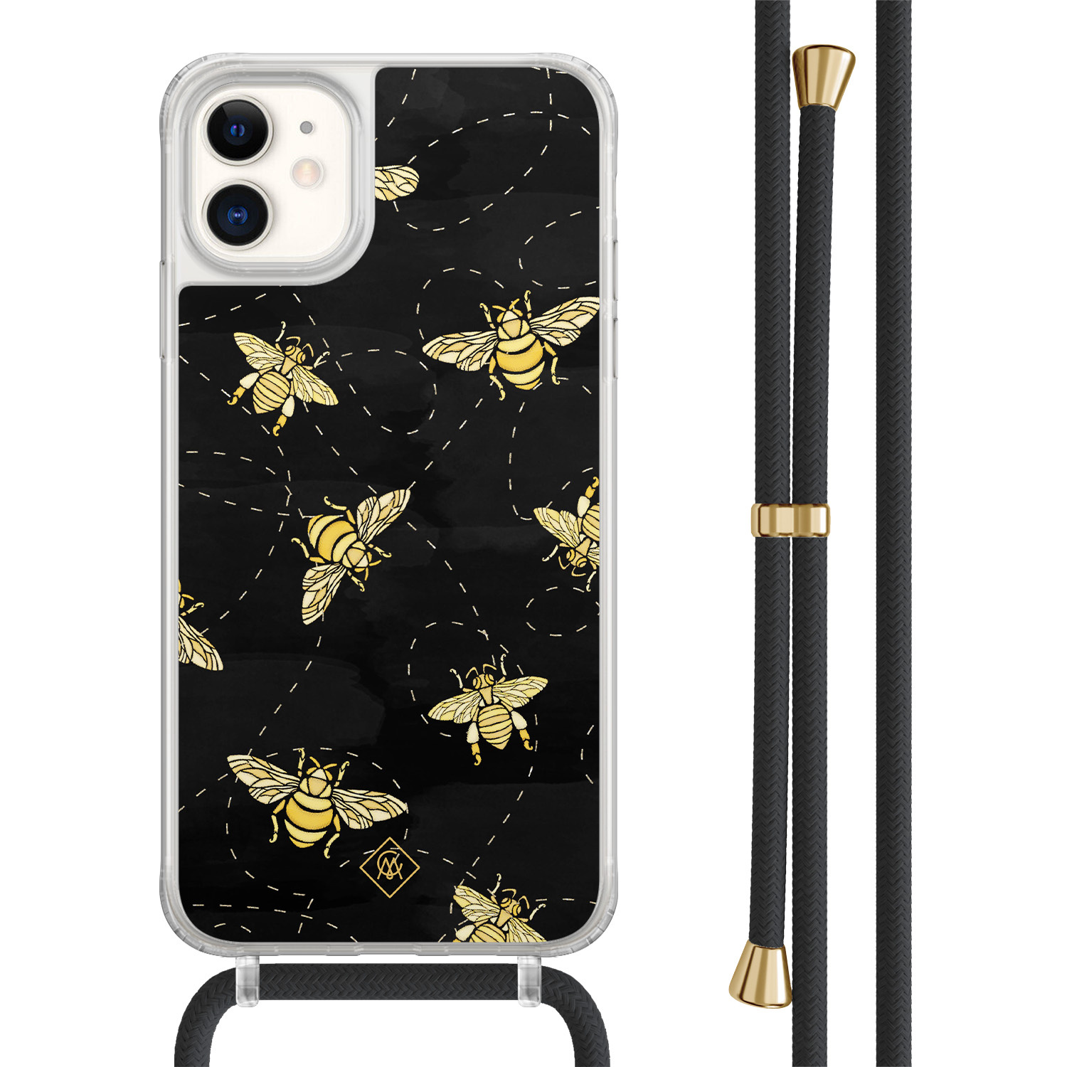 Casimoda® - iPhone 11 hoesje met zwart koord - Bee happy - Afneembaar koord - TPU/acryl