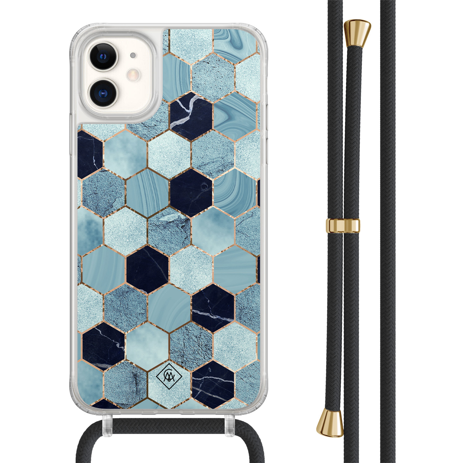 Casimoda® - iPhone 11 hoesje met zwart koord - Blue cubes - Afneembaar koord - TPU/acryl