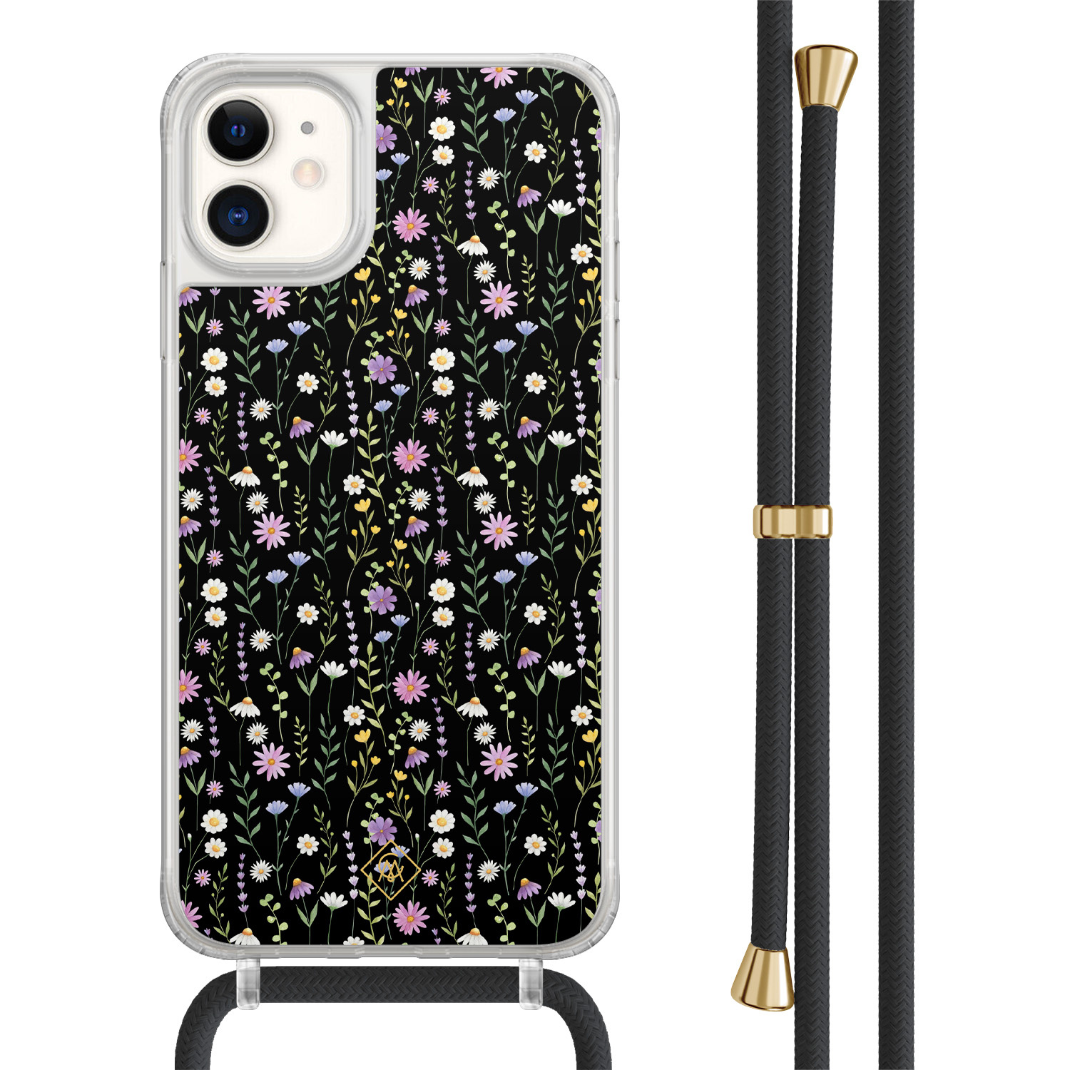 Casimoda® - iPhone 11 hoesje met zwart koord - Flower fantasy - Afneembaar koord - TPU/acryl