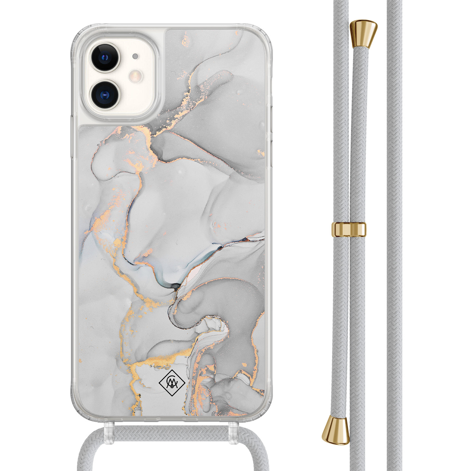 Casimoda® - iPhone 11 hoesje met grijs koord - Marmer grijs - Afneembaar koord - TPU/acryl