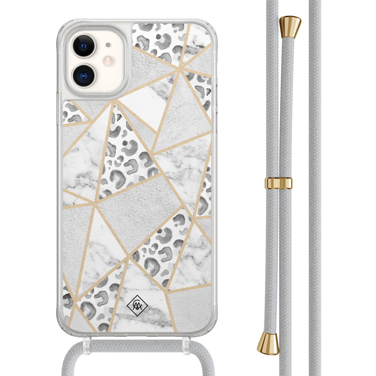 Casimoda® - iPhone 11 hoesje met grijs koord - Stone & leopard - Afneembaar koord - TPU/acryl