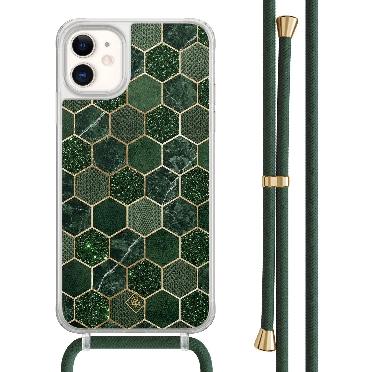 Casimoda® - iPhone 11 hoesje met groen koord - Kubus groen - Afneembaar koord - TPU/acryl