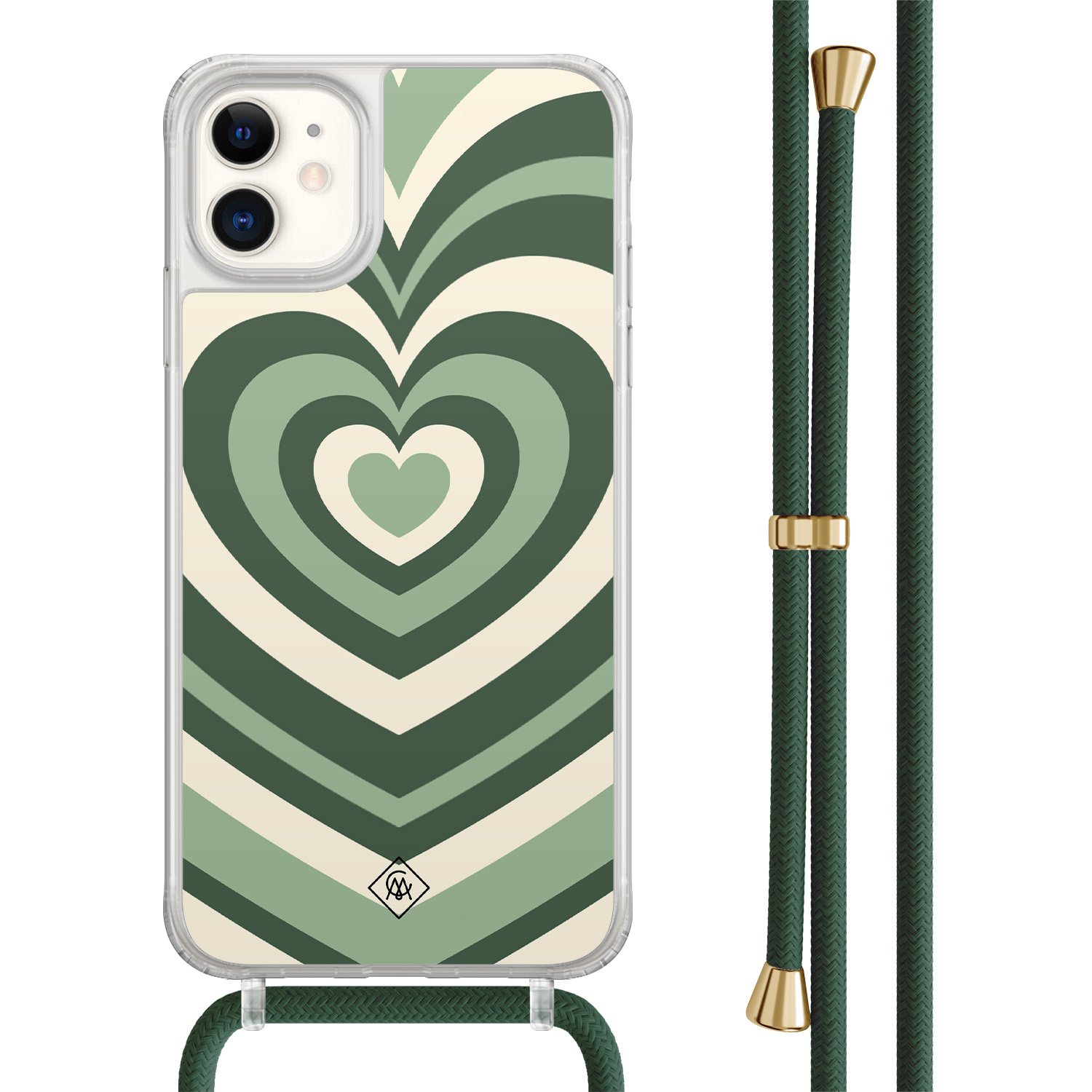 Casimoda® - iPhone 11 hoesje met groen koord - Hart swirl groen - Afneembaar koord - TPU/acryl