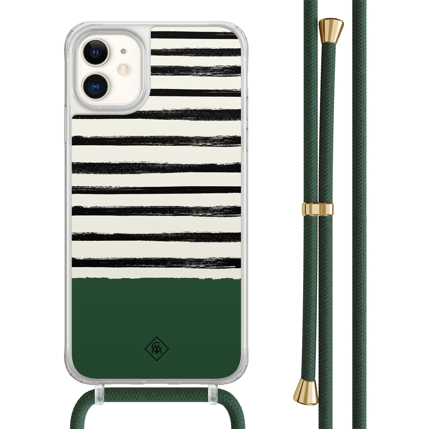 Casimoda® - iPhone 11 hoesje met groen koord - Green stripes - Afneembaar koord - TPU/acryl