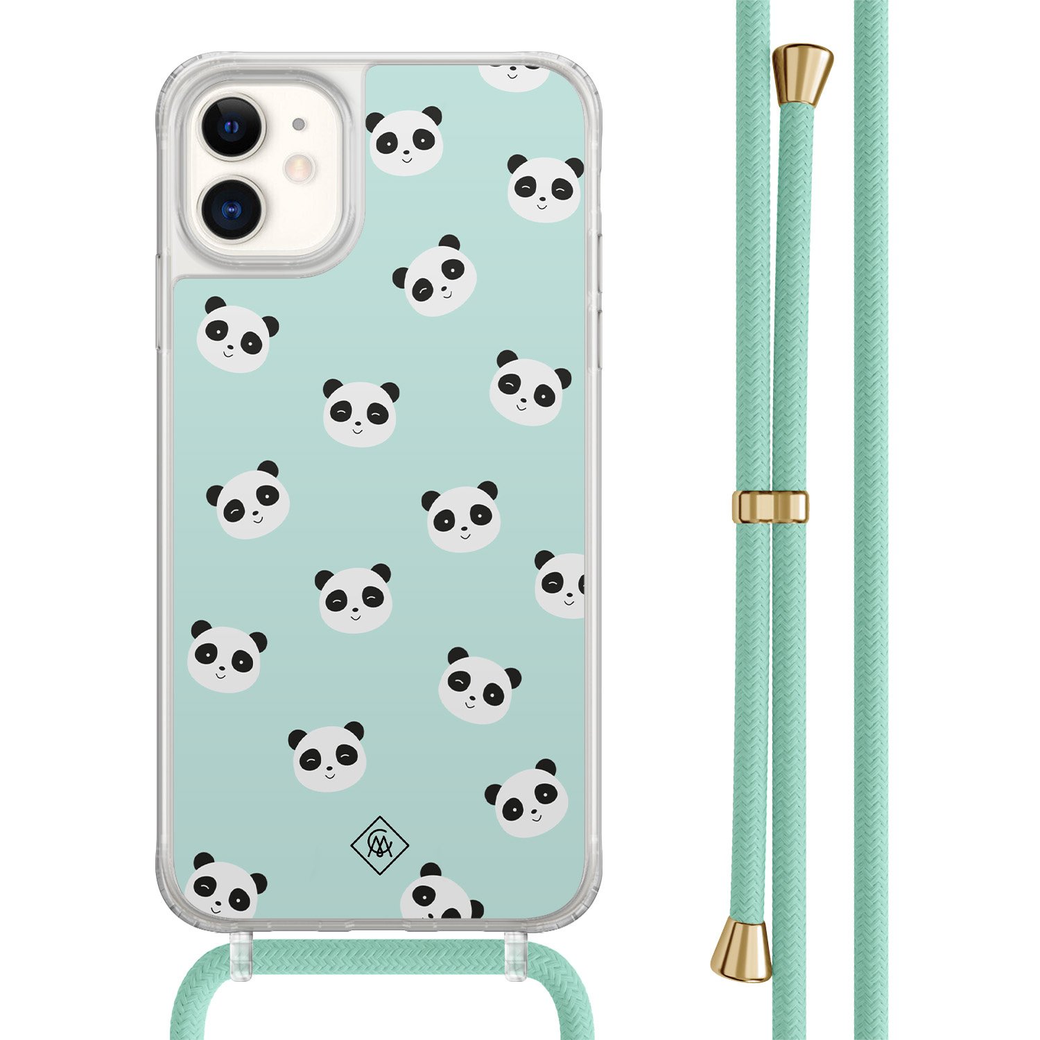 Casimoda® - iPhone 11 hoesje met mintgroen koord - Panda print - Afneembaar koord - TPU/acryl