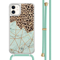 Casimoda iPhone 11 hoesje met mint koord - Luipaard marmer mint