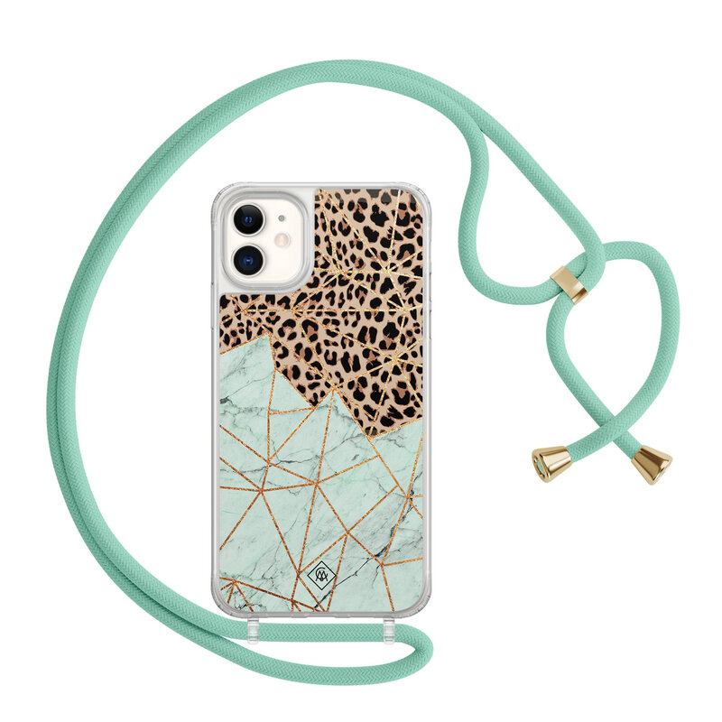 Casimoda iPhone 11 hoesje met mint koord - Luipaard marmer mint