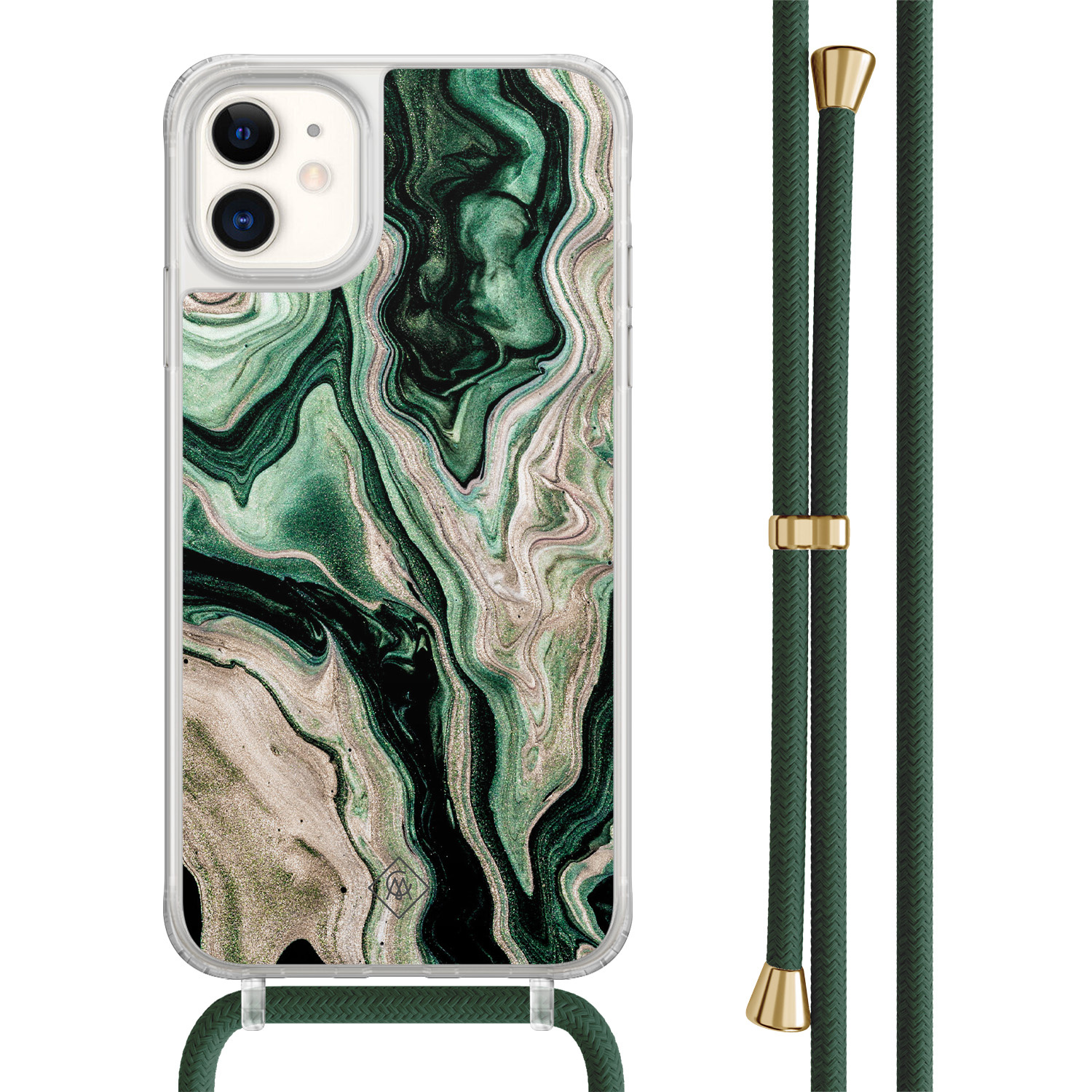 Casimoda® - iPhone 11 hoesje met groen koord - Groen marmer / Marble - Afneembaar koord - TPU/acryl