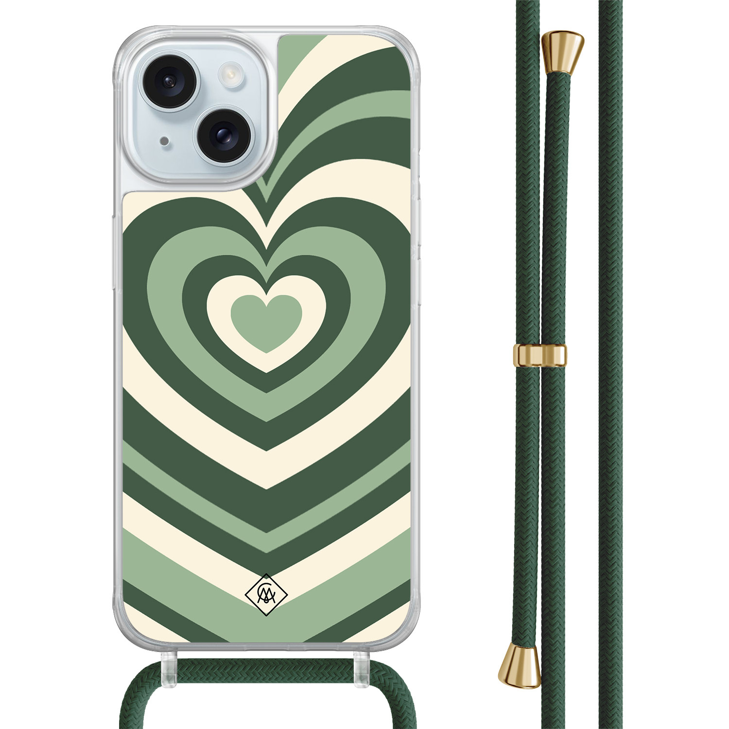 iPhone 15 hoesje met groen koord - Hart swirl groen