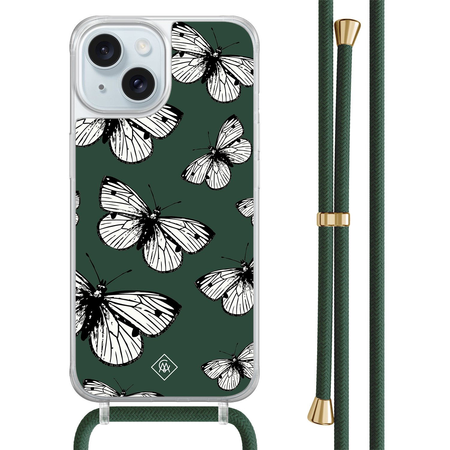iPhone 15 hoesje met groen koord - Vlinders
