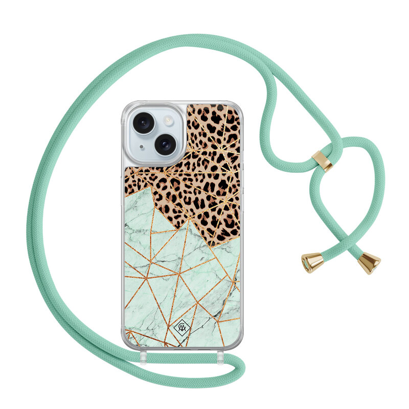 Casimoda iPhone 15 hoesje met mint koord - Luipaard marmer mint