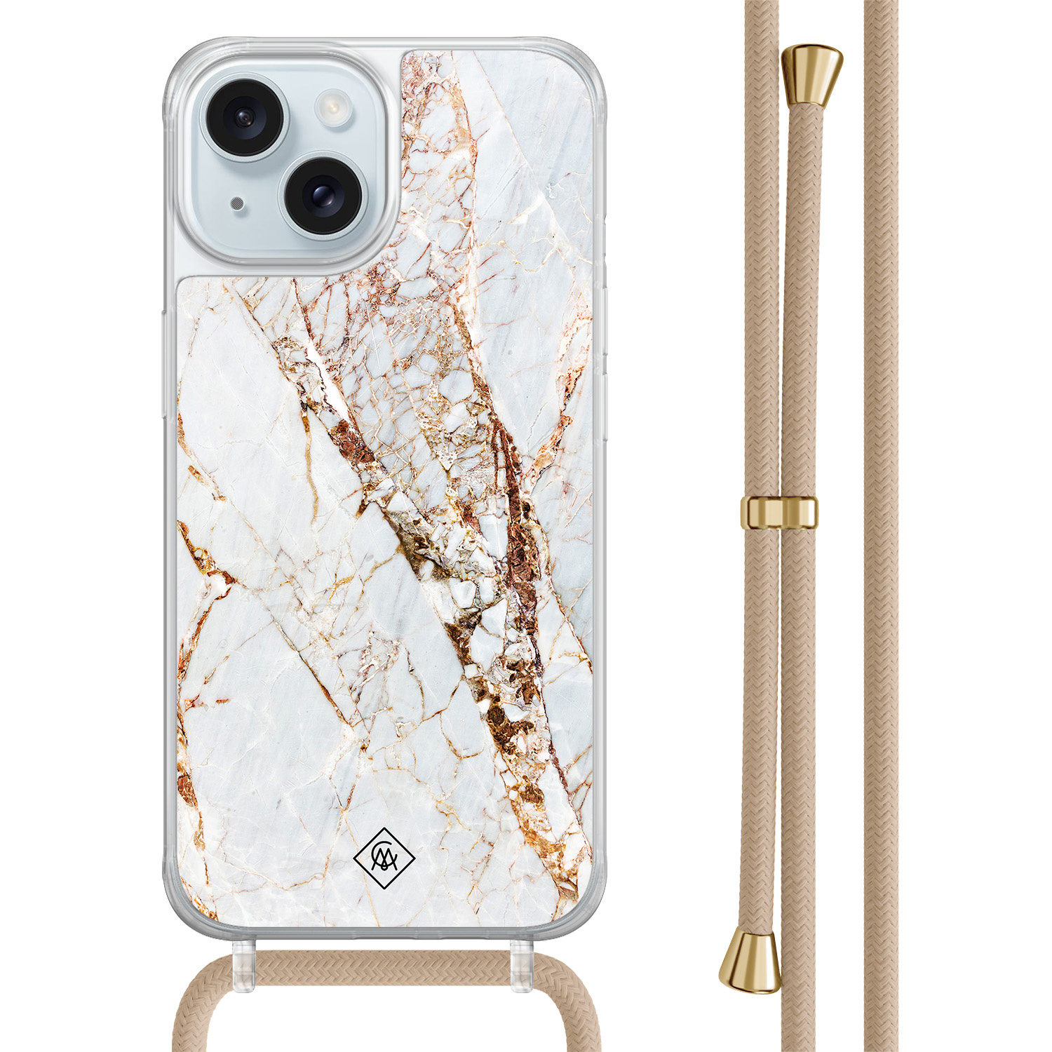 iPhone 15 hoesje met beige koord - Marmer goud