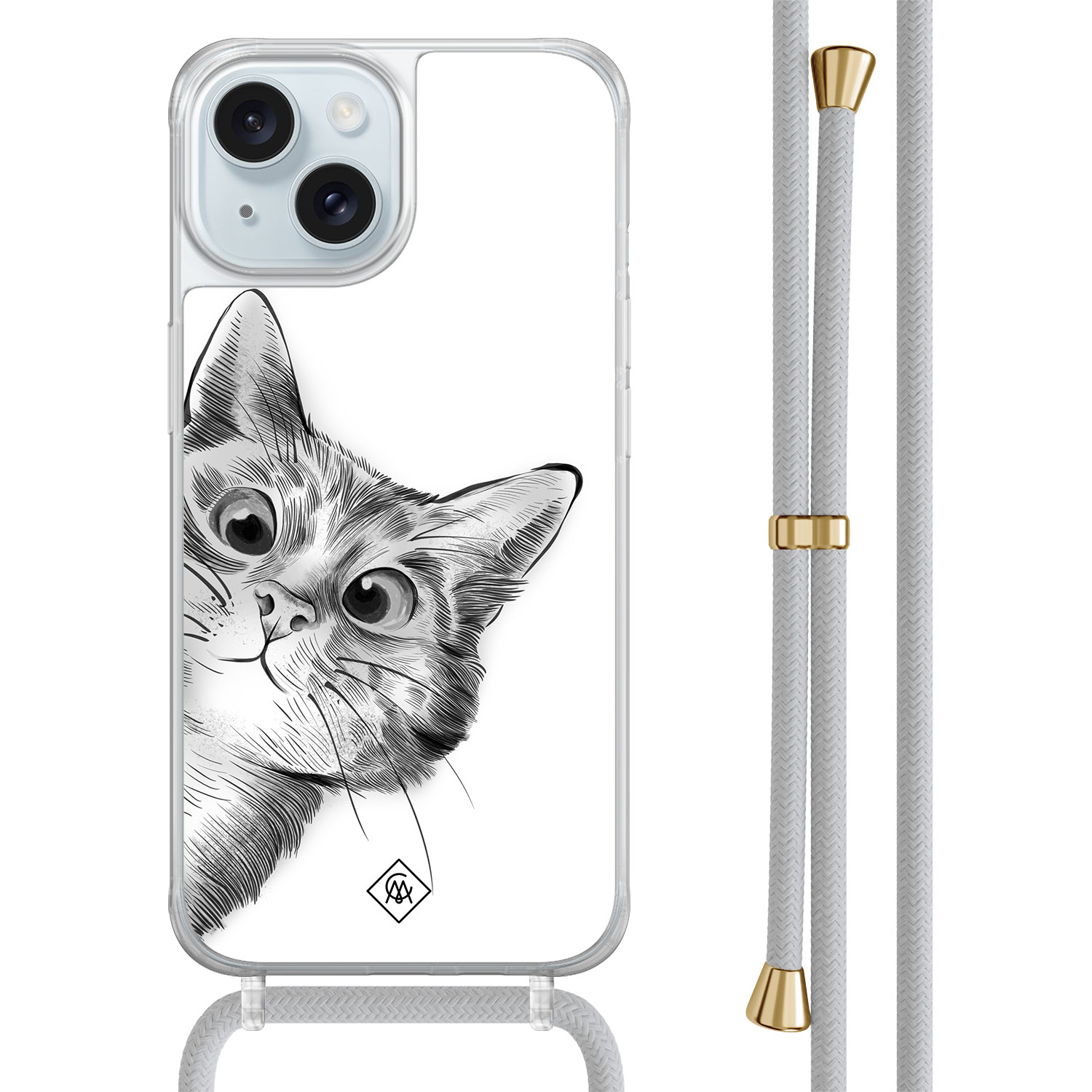 iPhone 15 hoesje met grijs koord - Peekaboo kat