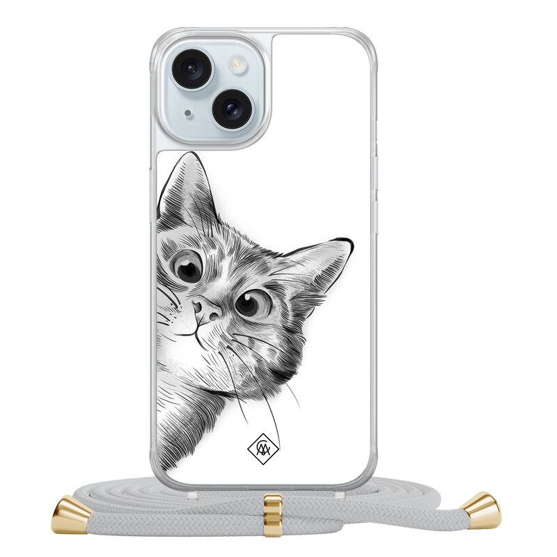 Casimoda iPhone 15 hoesje met grijs koord - Peekaboo kat