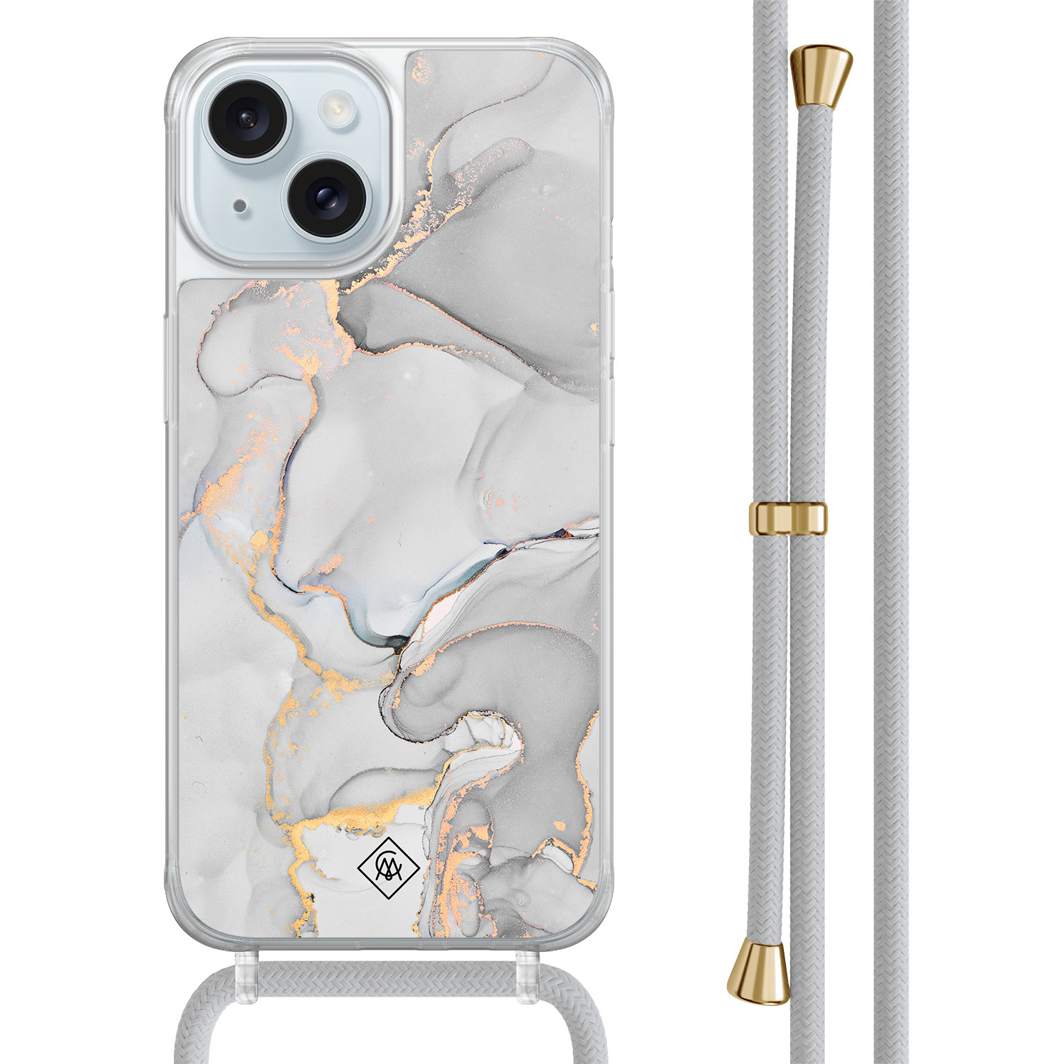 iPhone 15 hoesje met grijs koord - Marmer grijs