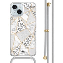 Casimoda iPhone 15 hoesje met grijs koord - Stone & leopard
