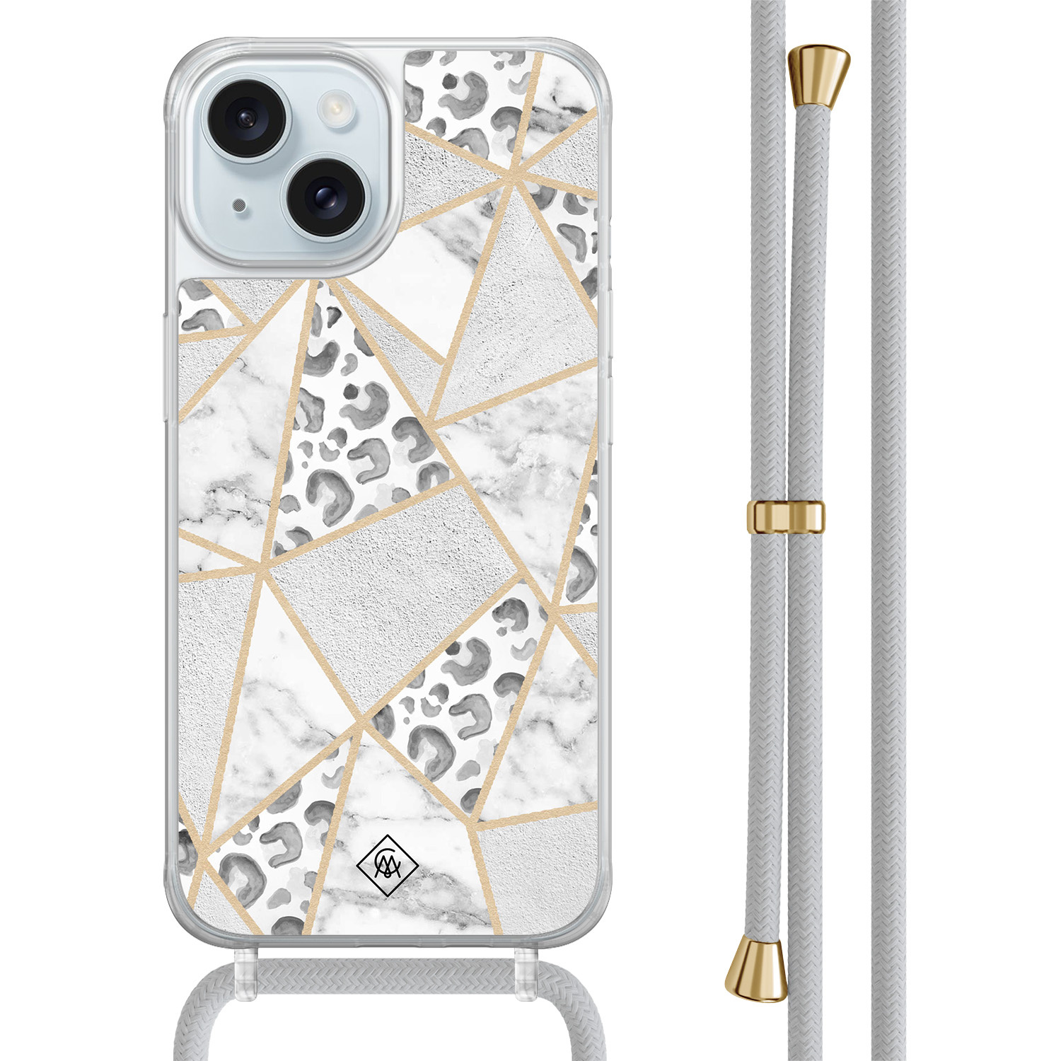 iPhone 15 hoesje met grijs koord - Stone & leopard