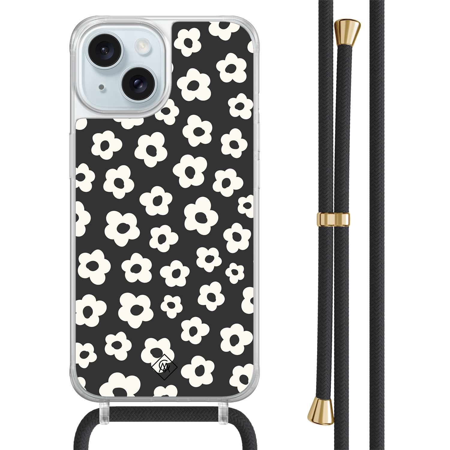 iPhone 15 hoesje met zwart koord - Retro bloempjes