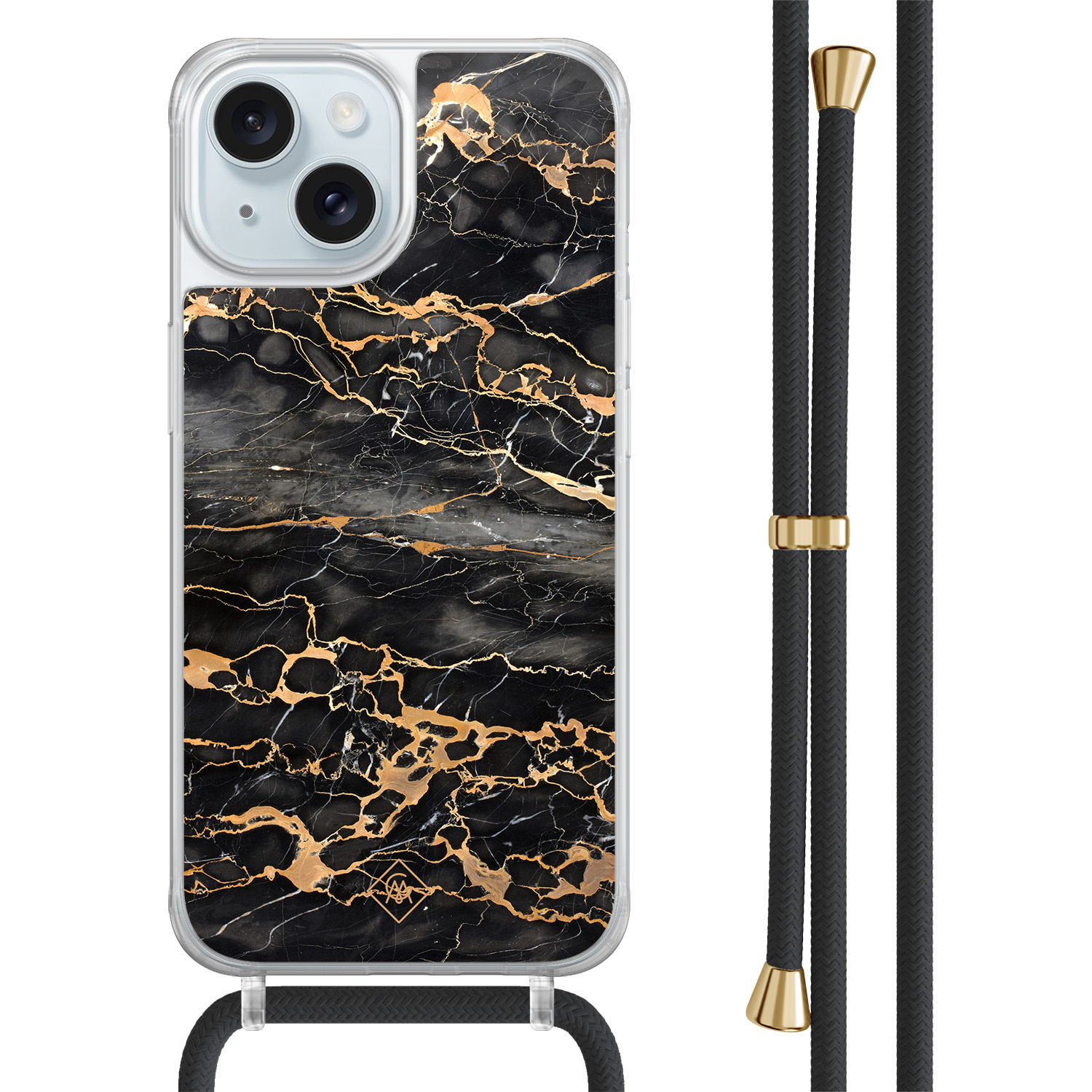 iPhone 15 hoesje met zwart koord - Marmer grijs brons