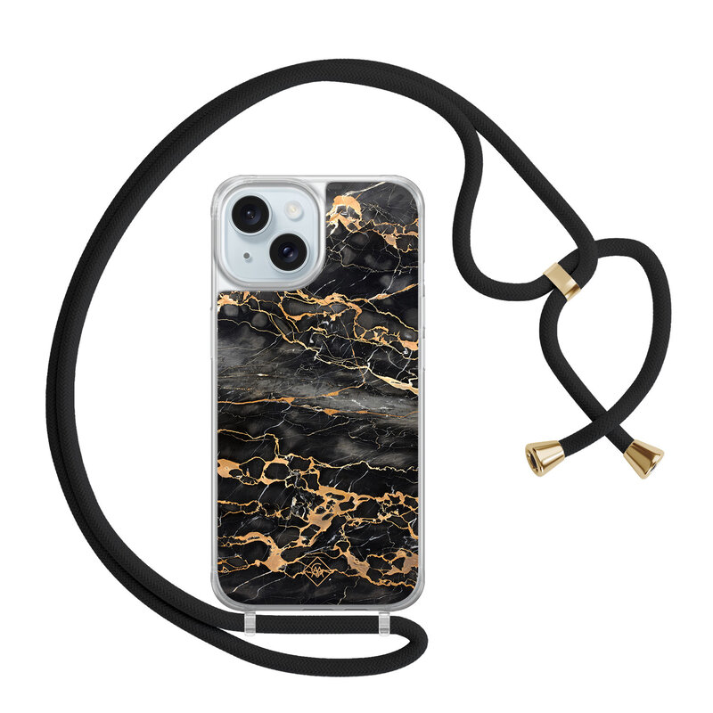 Casimoda iPhone 15 hoesje met zwart koord - Marmer grijs brons