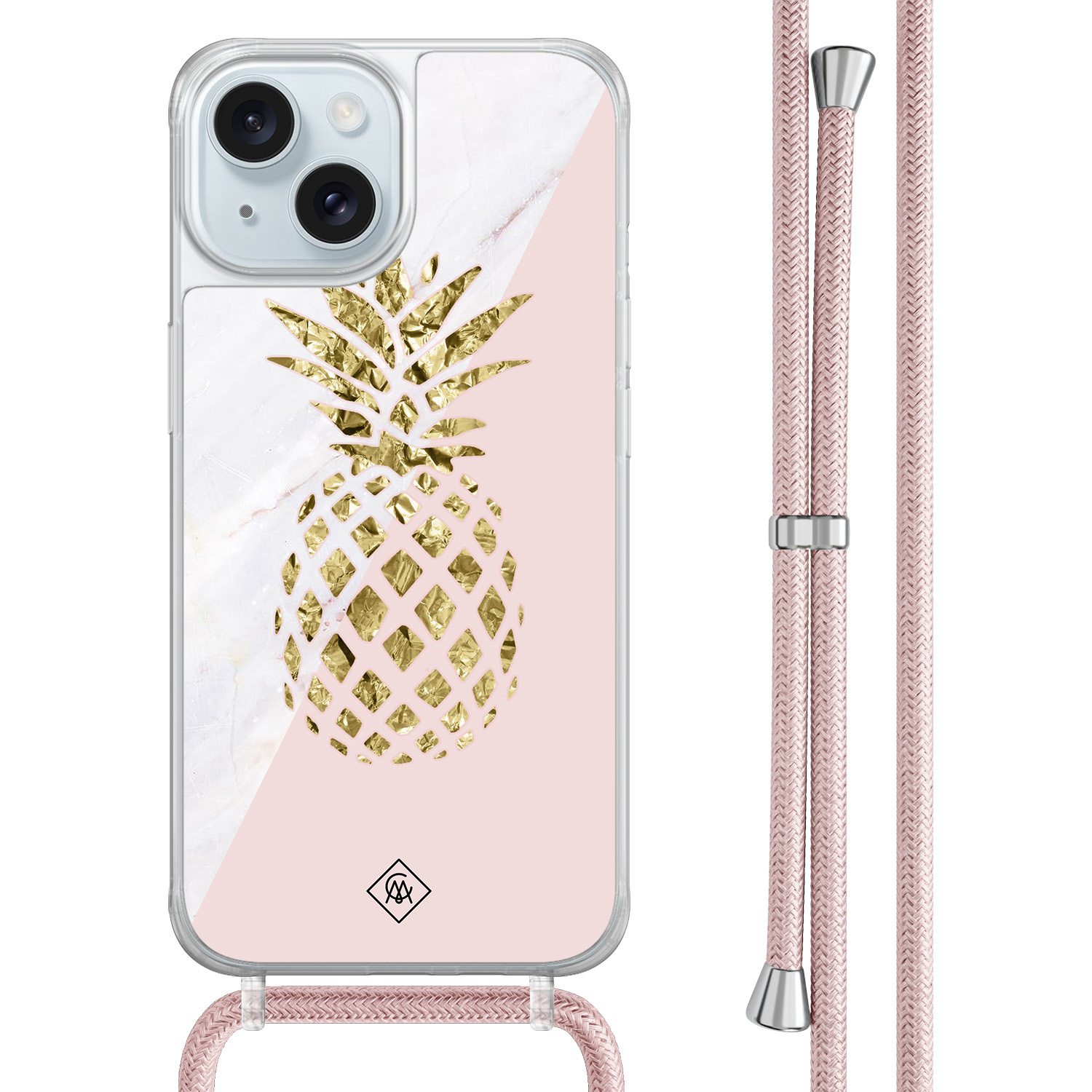 iPhone 15 hoesje met rosegoud koord - Ananas