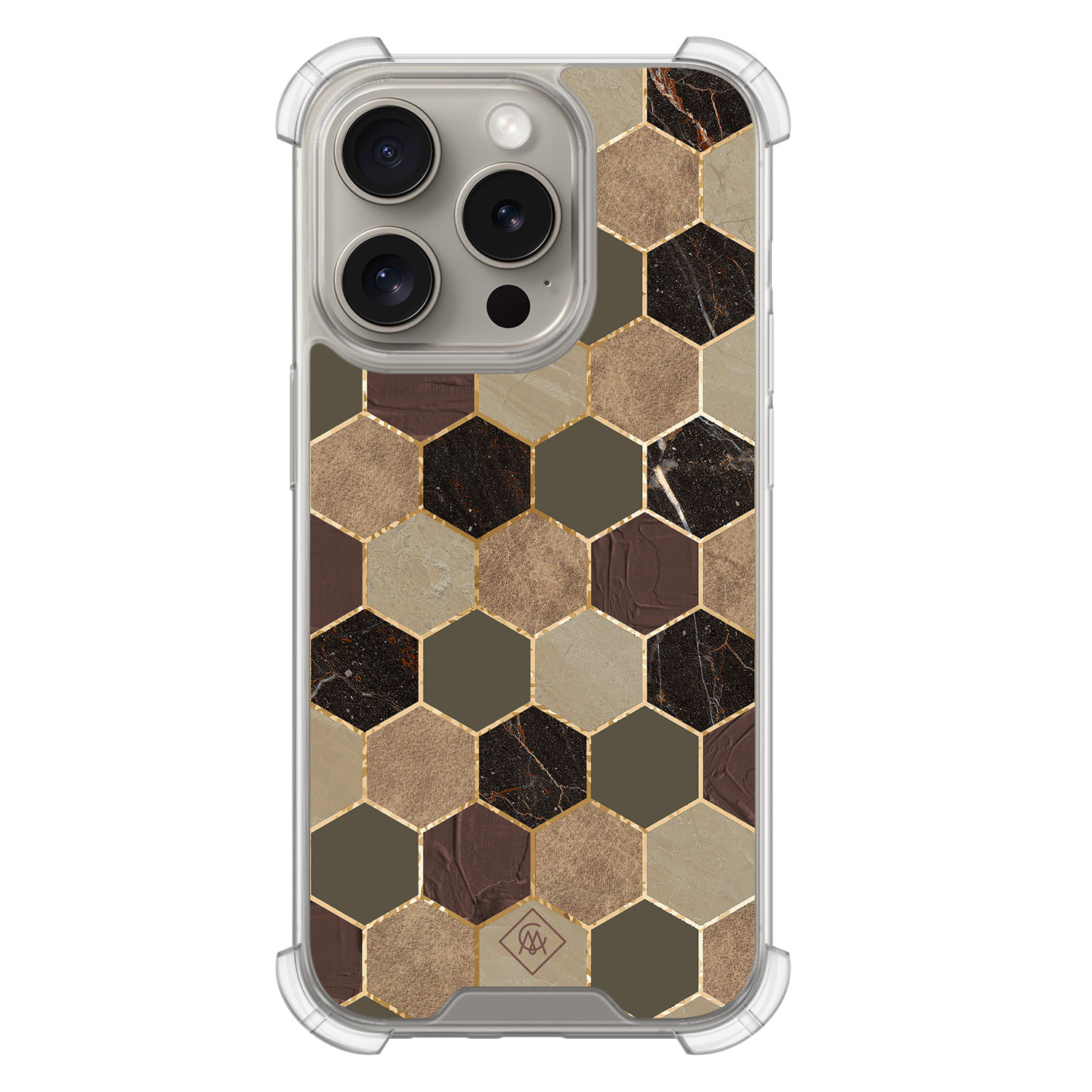 iPhone 15 Pro hoesje - Kubus groen bruin - Casimoda® Shockproof case - Extra sterk - TPU/acryl - Bruin/beige, Transparant