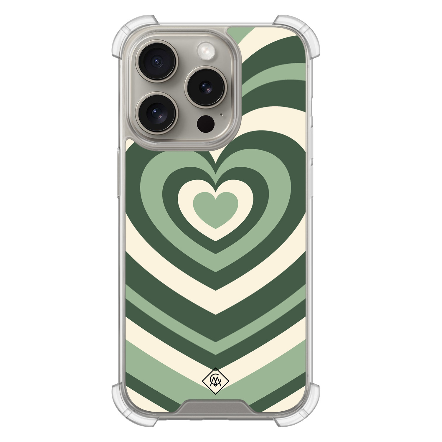 iPhone 15 Pro hoesje - Groen hart swirl - Casimoda® Shockproof case - Extra sterk - TPU/acryl - Groen, Transparant