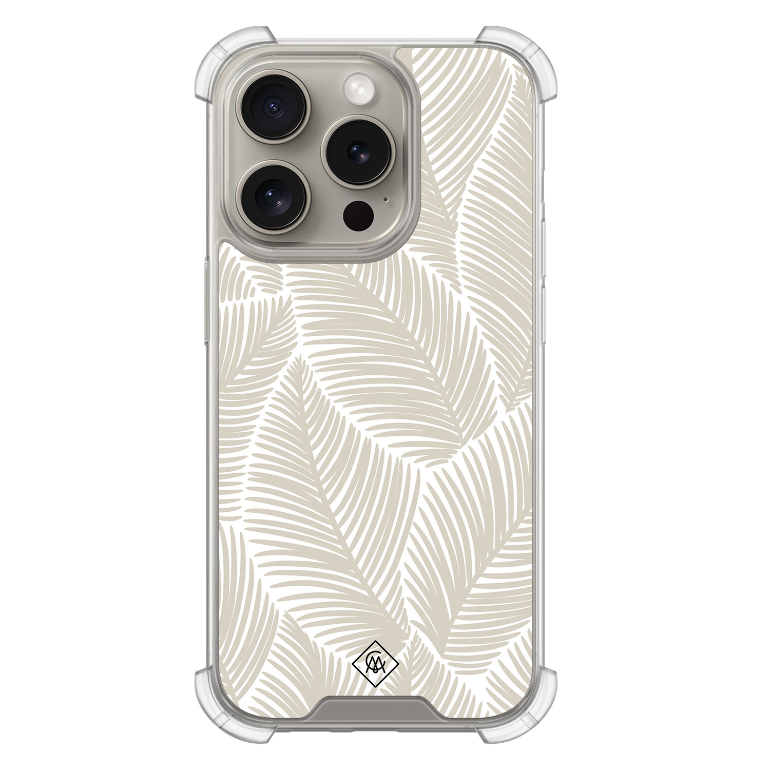 iPhone 15 Pro hoesje - Palmy leaves beige - Casimoda® Shockproof case - Extra sterk - TPU/acryl - Bruin/beige, Transparant