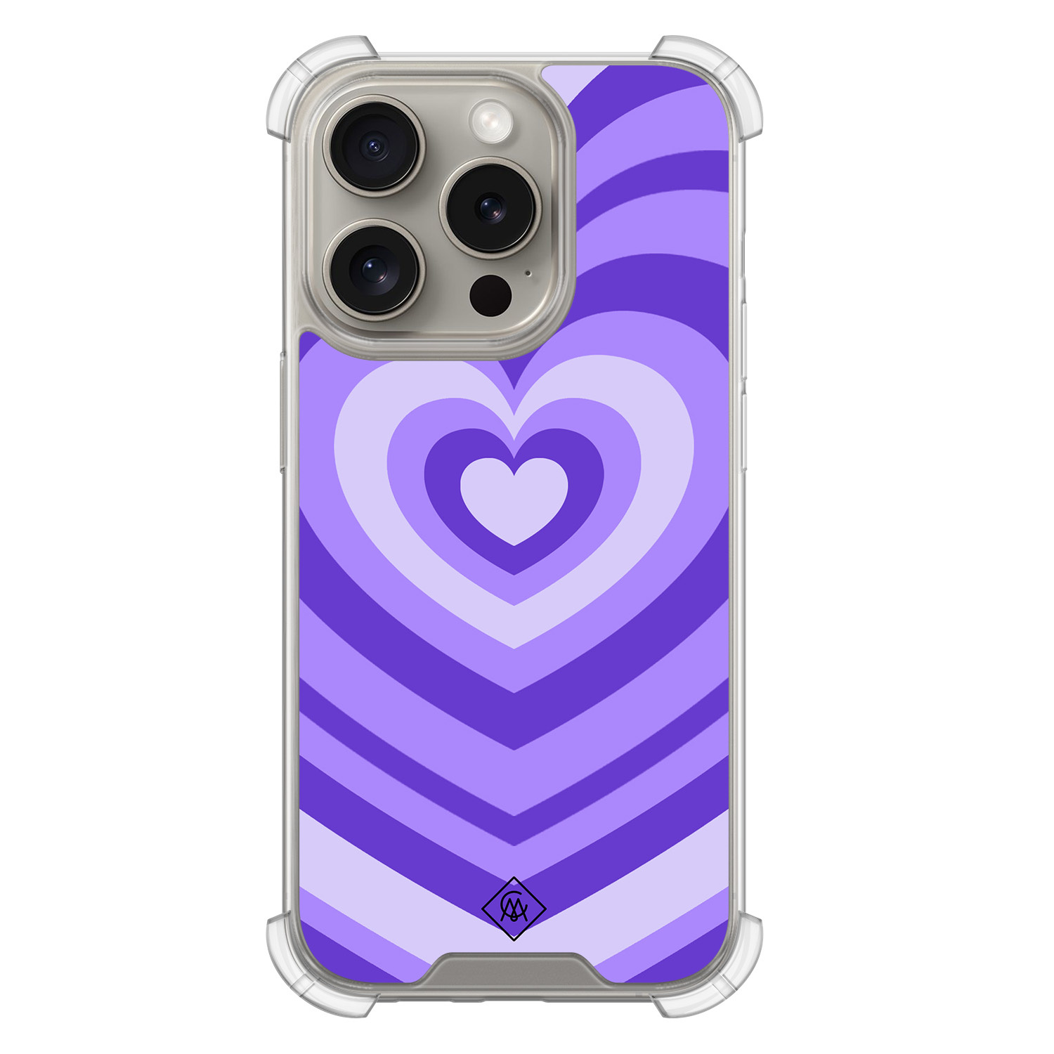 iPhone 15 Pro hoesje - Hart swirl paars - Casimoda® Shockproof case - Extra sterk - TPU/acryl - Paars, Transparant