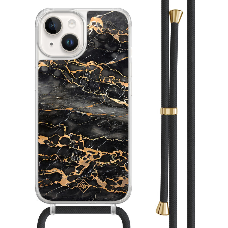Casimoda iPhone 14 hoesje met zwart koord - Marmer grijs brons
