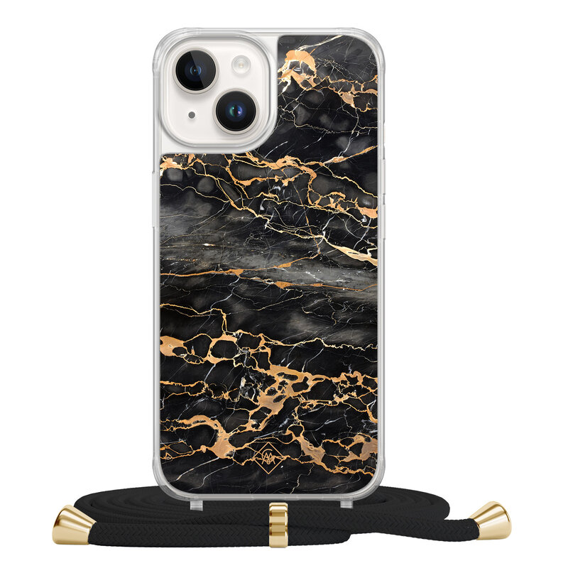 Casimoda iPhone 14 hoesje met zwart koord - Marmer grijs brons