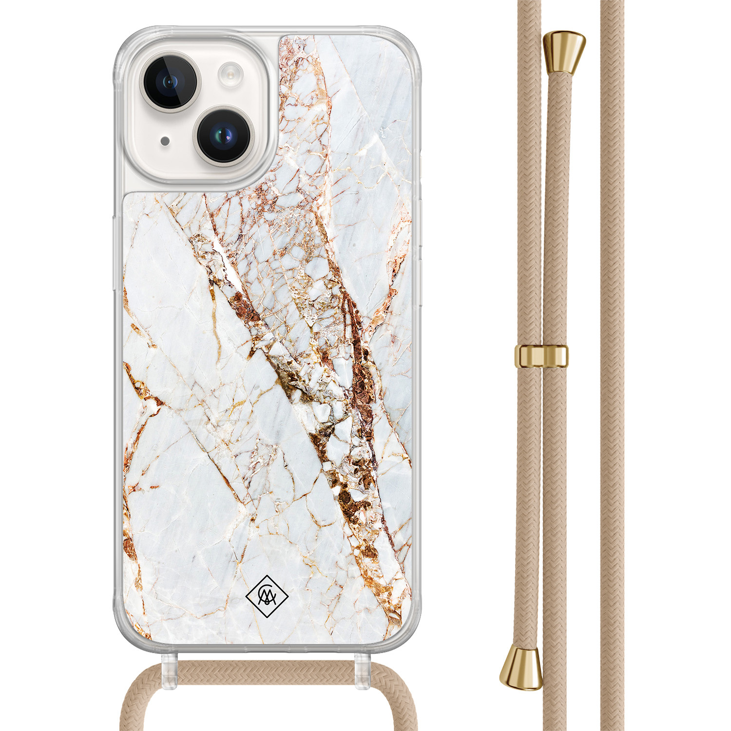 iPhone 14 hoesje met beige koord - Marmer goud