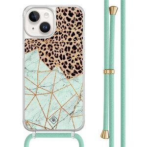Casimoda iPhone 14 hoesje met mint koord - Luipaard marmer mint
