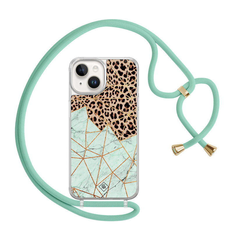 Casimoda iPhone 14 hoesje met mint koord - Luipaard marmer mint