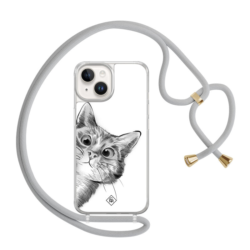 Casimoda iPhone 14 hoesje met grijs koord - Peekaboo kat