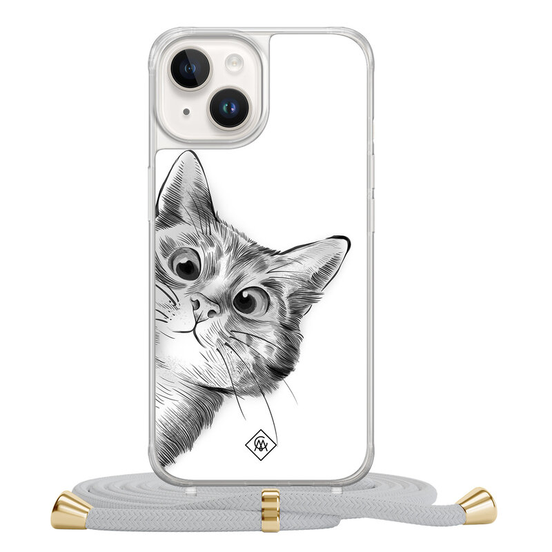 Casimoda iPhone 14 hoesje met grijs koord - Peekaboo kat