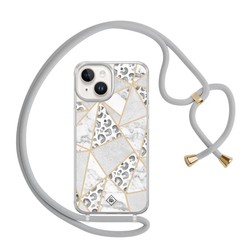 Casimoda iPhone 14 hoesje met grijs koord - Stone & leopard