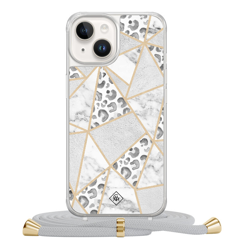 Casimoda iPhone 14 hoesje met grijs koord - Stone & leopard