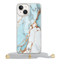 Casimoda iPhone 14 hoesje met grijs koord - Marmer lichtblauw