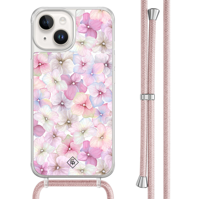 Casimoda iPhone 14 hoesje met rosegoud koord - Floral hortensia