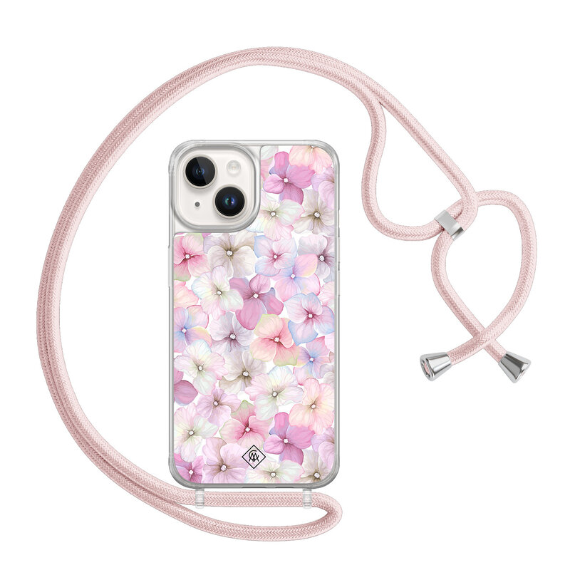 Casimoda iPhone 14 hoesje met rosegoud koord - Floral hortensia
