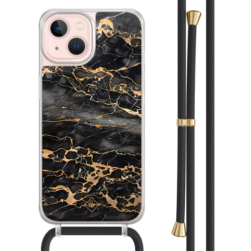Casimoda iPhone 13 hoesje met zwart koord - Marmer grijs brons