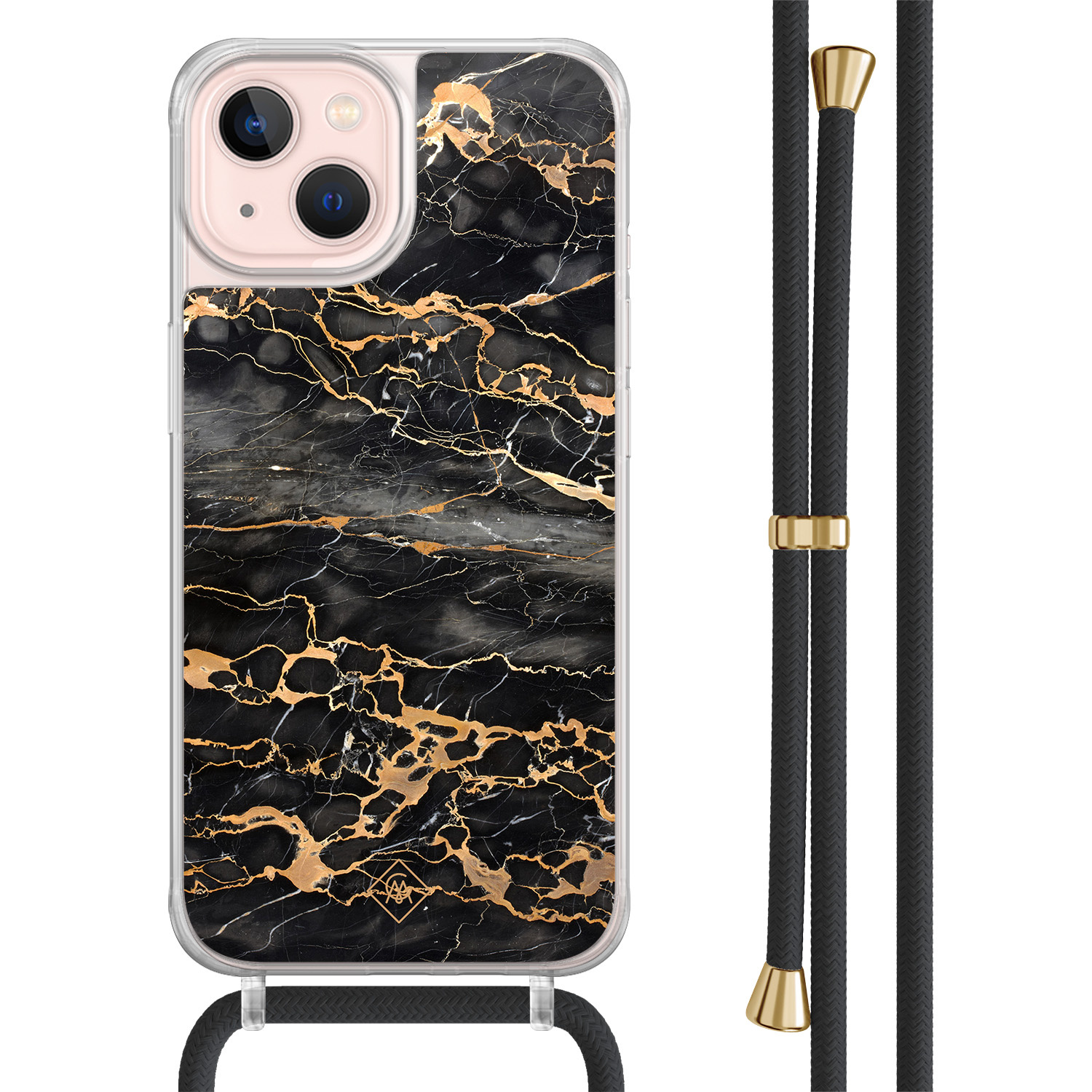 iPhone 13 hoesje met zwart koord - Marmer grijs brons