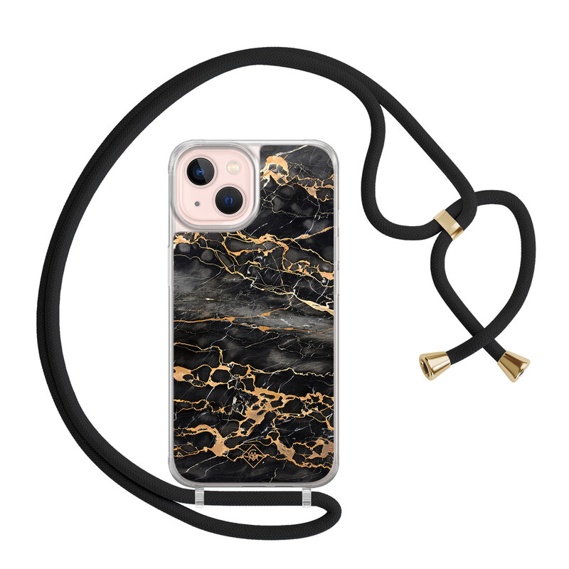 Casimoda iPhone 13 hoesje met zwart koord - Marmer grijs brons