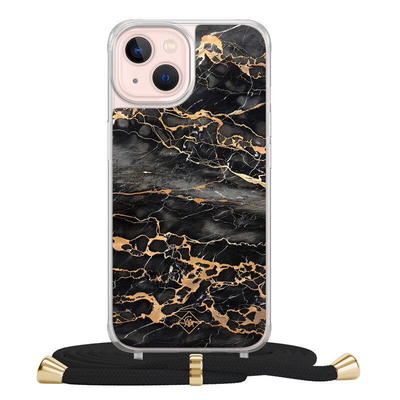 Casimoda iPhone 13 hoesje met zwart koord - Marmer grijs brons