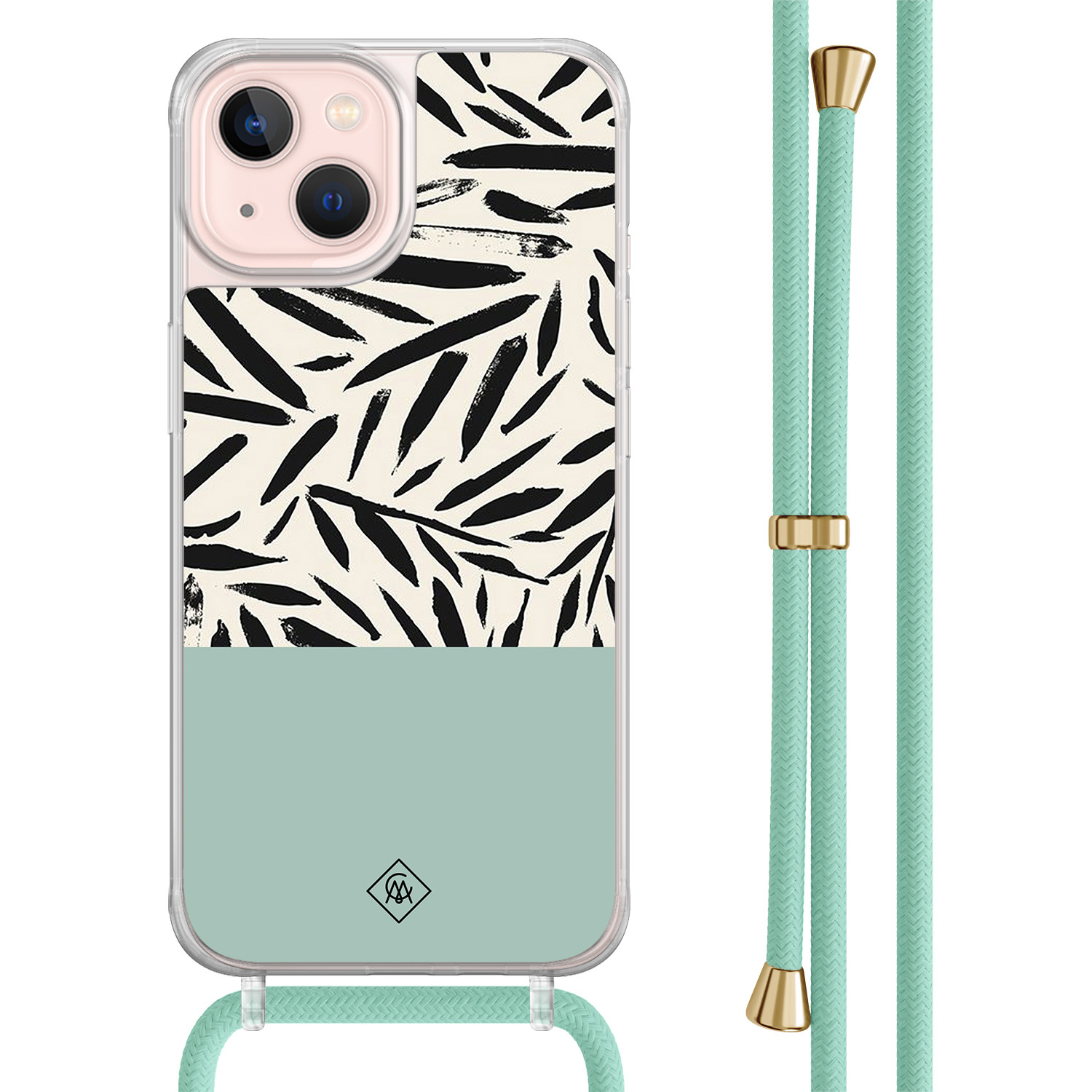 iPhone 13 hoesje met mint koord - Abstract mint palms