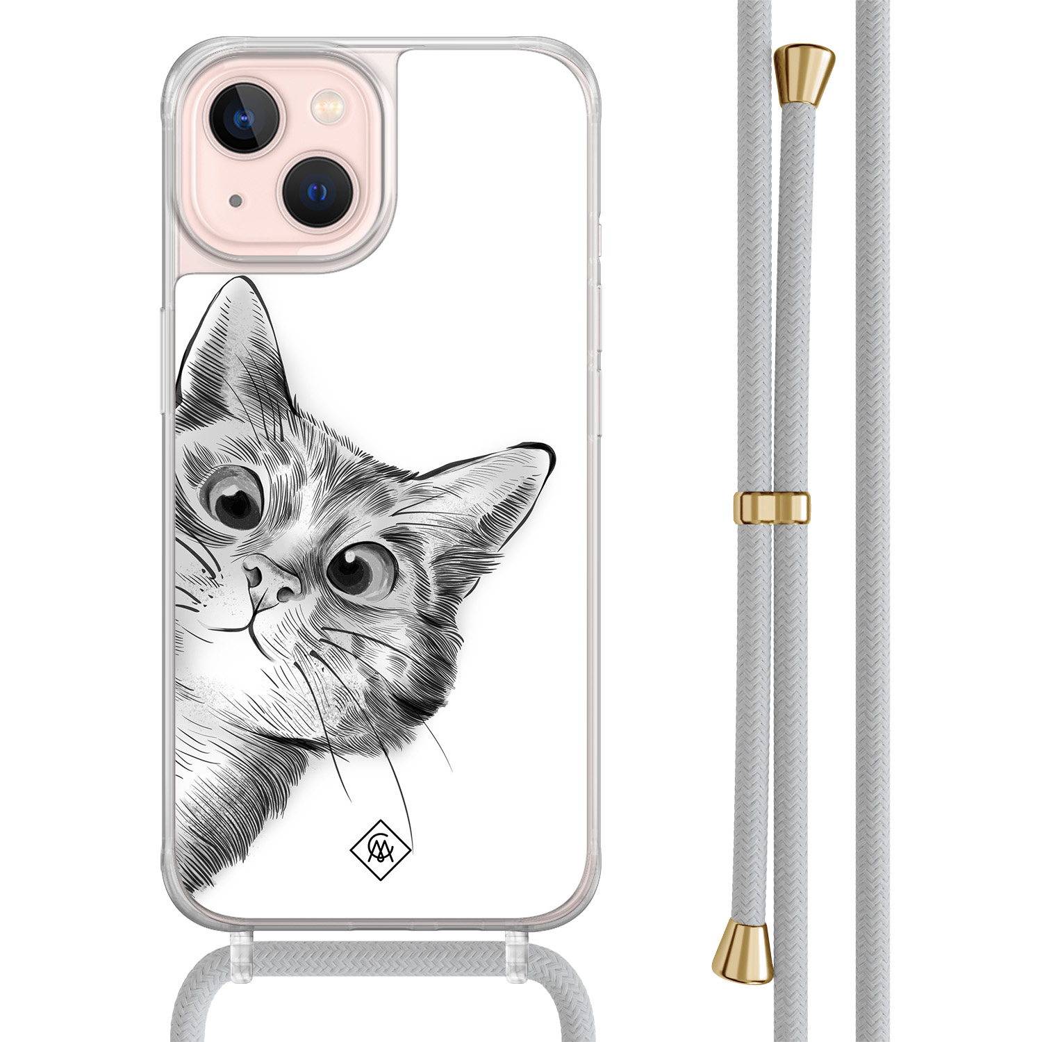 iPhone 13 hoesje met grijs koord - Peekaboo kat