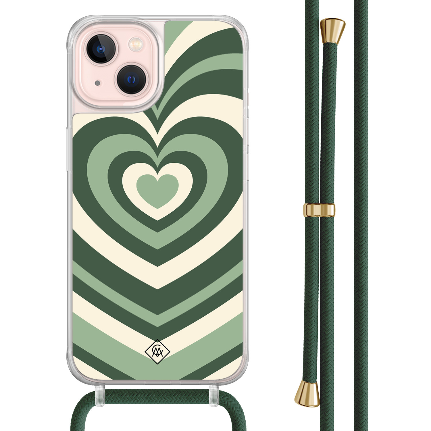 iPhone 13 hoesje met groen koord - Hart swirl groen