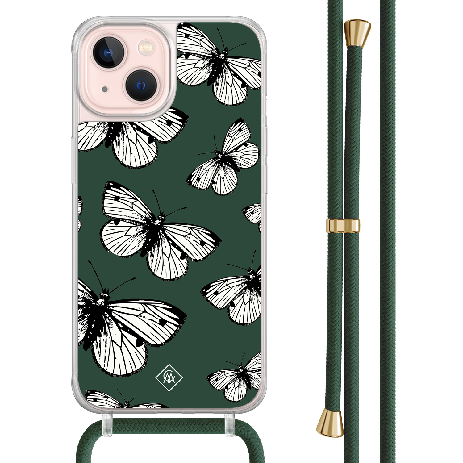 iPhone 13 hoesje met groen koord - Vlinders