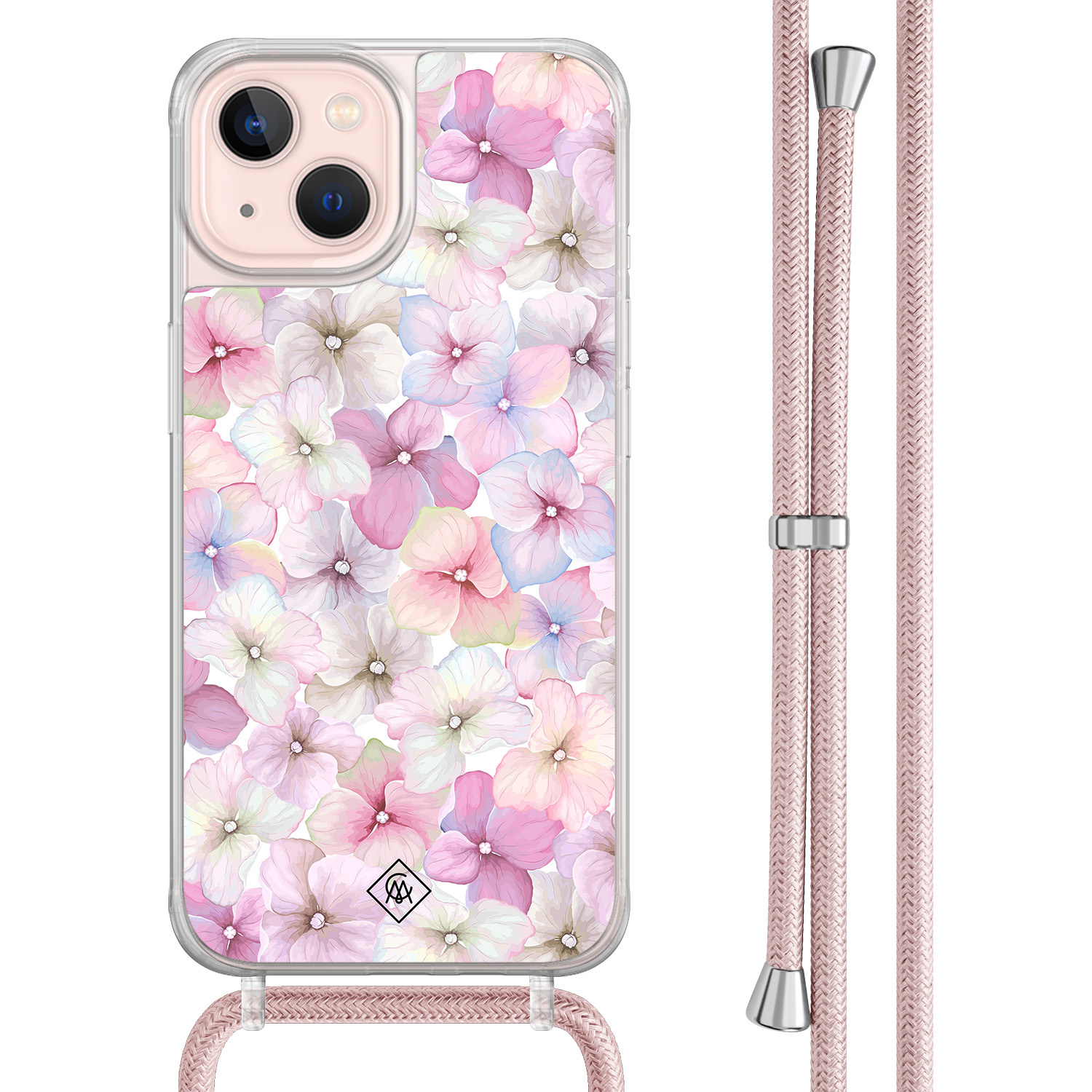 iPhone 13 hoesje met rosegoud koord - Floral hortensia